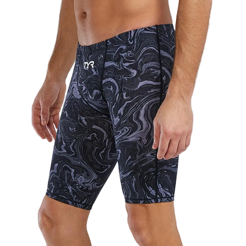 TYR Men's Thresher Swim Jammer in a black and grey marbled pattern