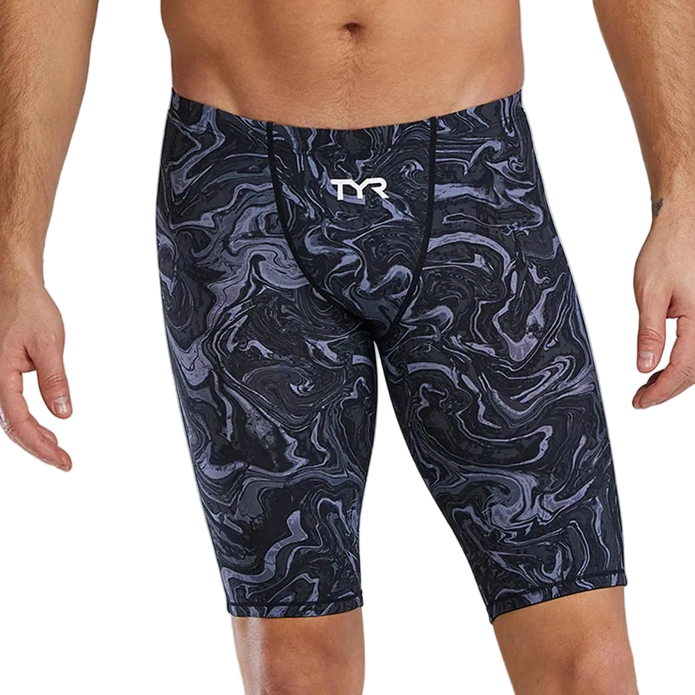 TYR Men's Thresher Swim Jammer in a black and grey marbled pattern