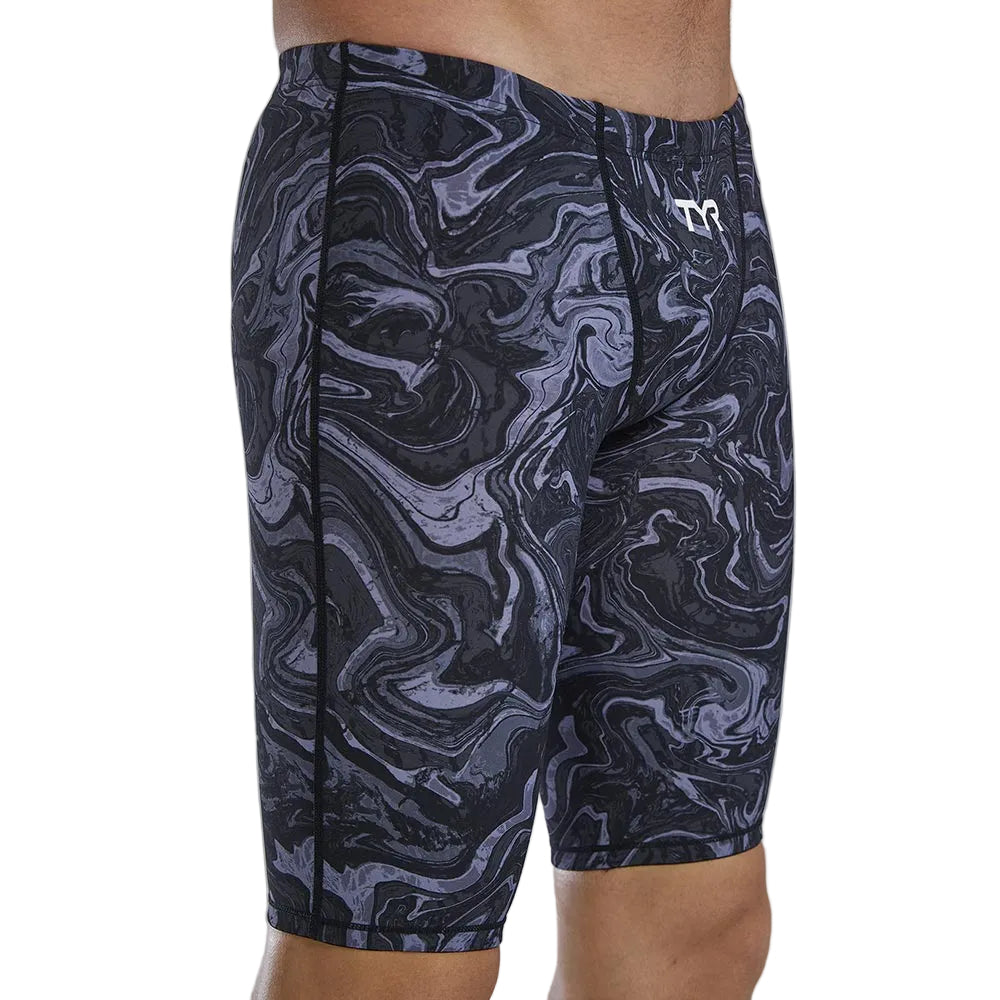TYR Men's Thresher Swim Jammer in a grey and black marble pattern