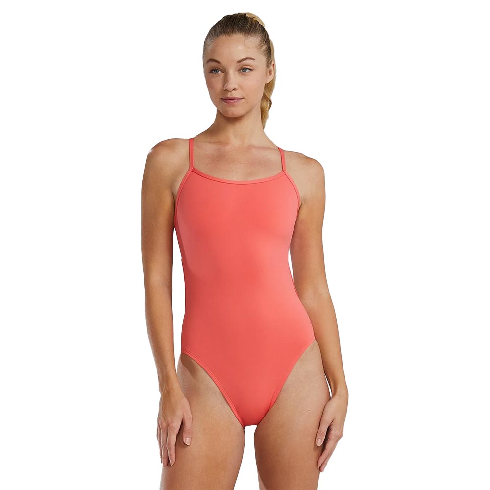 TYR Women's Solid Trinityfit Swimsuit: Coral one-piece athletic swimsuit with thin straps