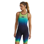 TYR Women's Influx Venzo Open Back Swimsuit: Blue, green, and yellow gradient tech suit with compression fabric for competitive swimming.
