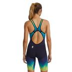 TYR Women's Influx Venzo Open Back Swimsuit with blue, green, and yellow tie-dye legs