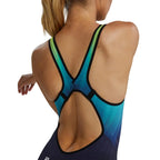 TYR Women's Influx Venzo Open Back Swimsuit: Blue and green gradient open back racing swimsuit with textured panels
