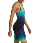 TYR Women's Influx Venzo Open Back Swimsuit: Blue, green, and black gradient racing swimsuit with an open back design.