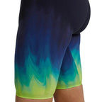 TYR Women's Influx Venzo Open Back Swimsuit: Close-up of blue, green, and yellow gradient swimsuit legs