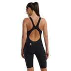 TYR Women's Venzo Open Back Swimsuit: Black full-body competitive racing suit with open back and leg coverage