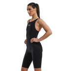 TYR Women's Venzo Open Back Swimsuit: Black competitive racing swimsuit with shorts