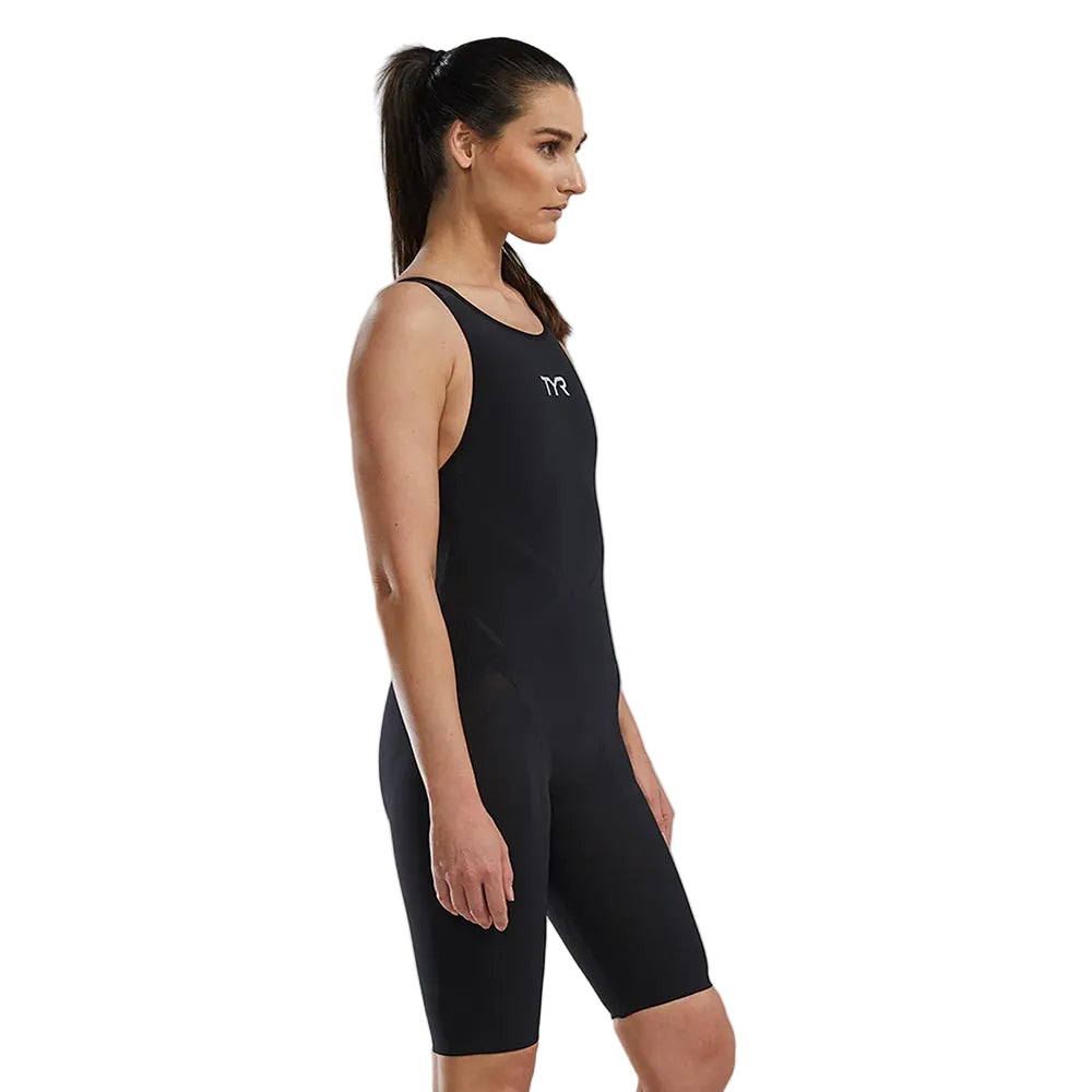 TYR Women's Venzo Open Back Swimsuit: Black, knee-length competitive swimsuit for women