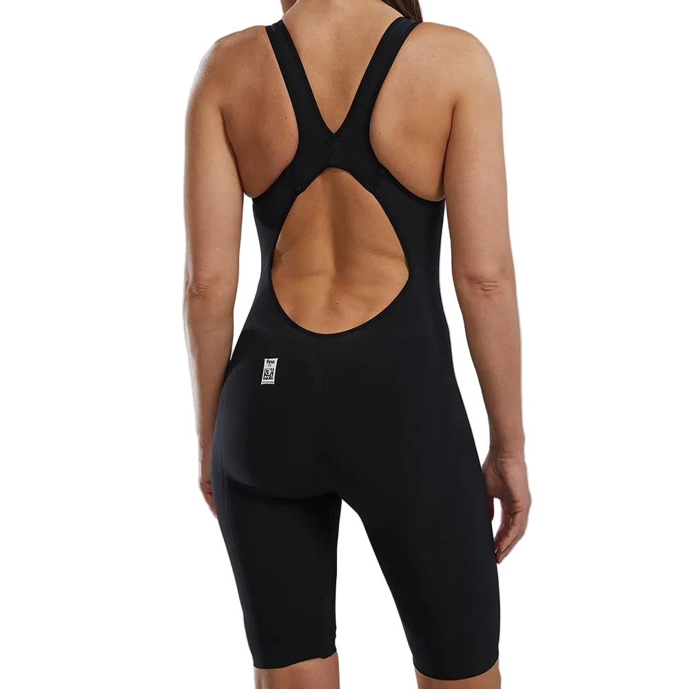 TYR Women's Venzo Open Back Swimsuit: Black, full-body competitive swimsuit with open back design.