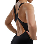 TYR Women's Venzo Open Back Swimsuit: Black racing swimsuit with open back design